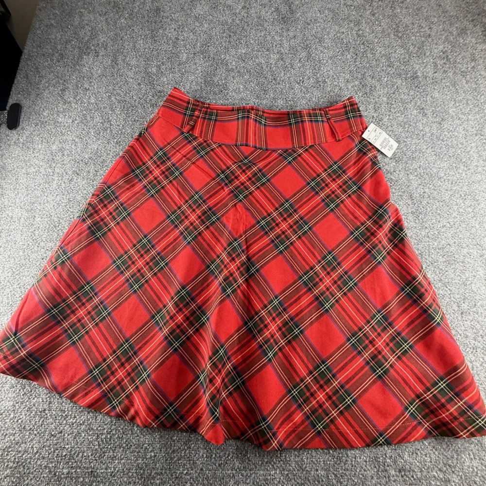 HM Red Tartan Plaid A-Line Midi Skirt Size 14 Belt Loops Holiday Preppy 0922